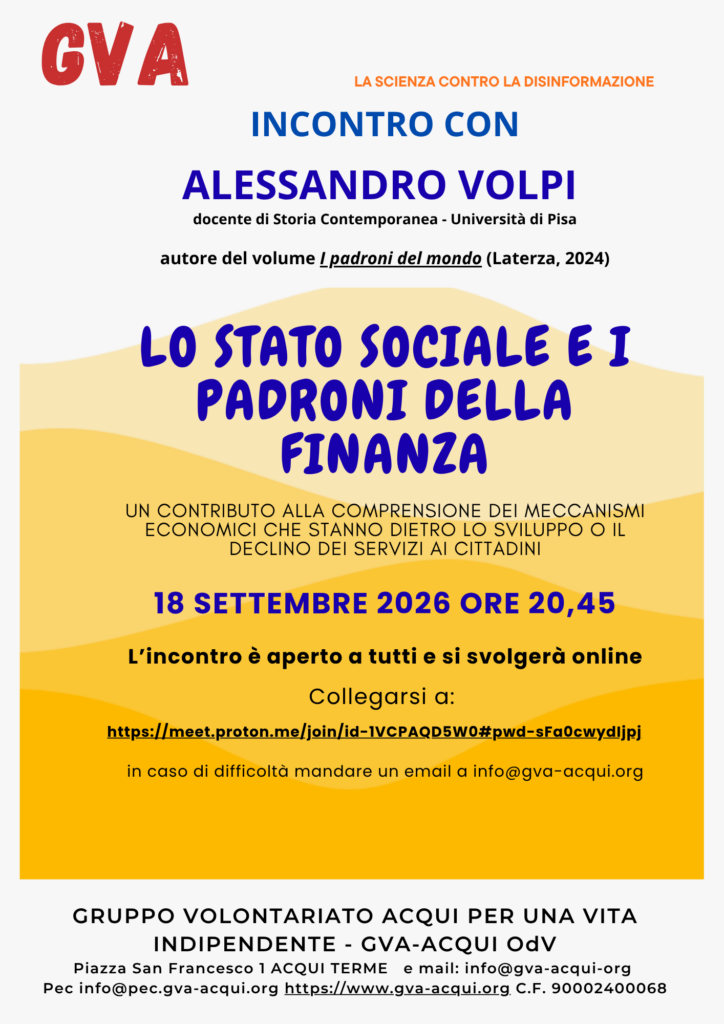 Locandina Lo stato sociale e i padroni della finanza, 18/9/2026 ore 20,45